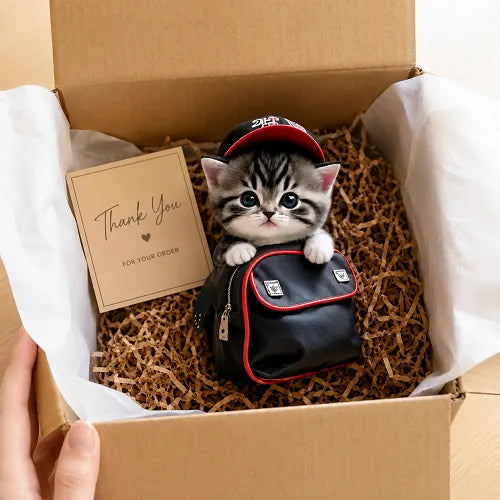 Unboxing view of the cute cat backpack car pendant, beautifully presented in a kraft gift box with crinkle paper, white tissue, and a "Thank You" card, making it a perfect ready-to-gift rearview mirror charm.