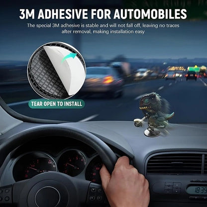 A cool T-Rex dinosaur riding a motorcycle bobblehead toy installed on a car dashboard, designed as a fun auto interior decoration