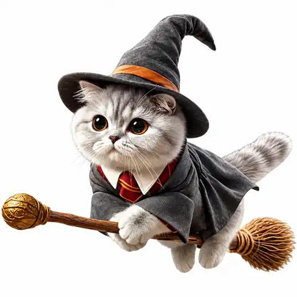 A cute, fluffy grey cat dressed as a magical wizard wearing a pointed hat, dark robes, and a red and gold striped tie, flying on a wooden broomstick. The highly detailed feline character is isolated against a clean white background.