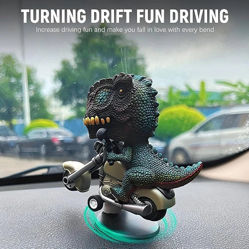Installation view of the dinosaur motorcycle dashboard accessory, highlighting the stable, traceless 3M adhesive base securely attached to the car interior from the driver's perspective.