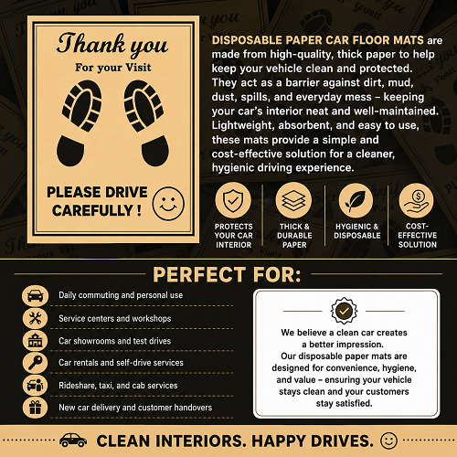 disposable paper car mat showing thank you please drive carefully footprint print | Carokit India