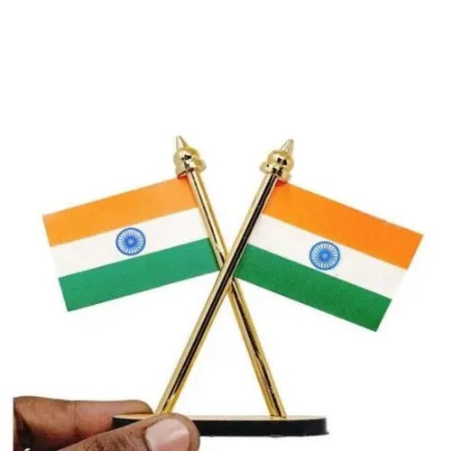 Indian Flag Dashboard Stand (Double-Sided Cross Design) – Car & Table Decor
