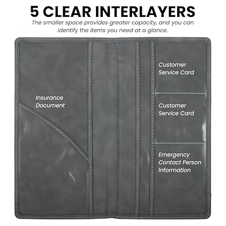 Black leather wallet with clear interlayers labeled for insurance document, customer service card, and emergency contact person information.