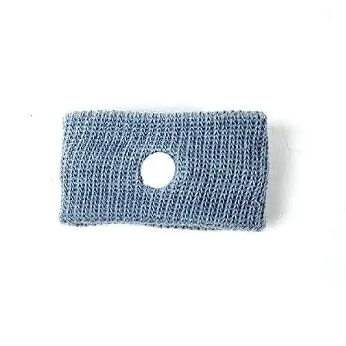 Flat lay top-down view of a single grey drug-free anti-nausea car travel wristband on a white background, clearly showing the woven elastic material and the white acupressure button.