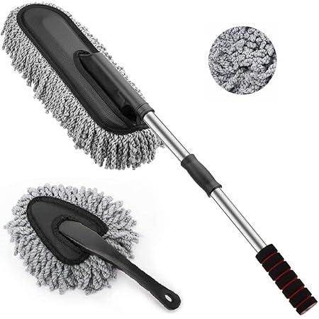 Car cleaning brush set with extendable handle and microfiber pads on a white background