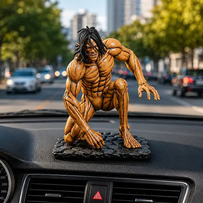 The Eren Yeager Attack Titan auto interior dashboard decoration mounted securely inside a car, looking aggressive against a blurred urban street view through the windshield.