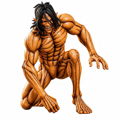 Highly detailed collectible action figure of Eren Yeager in his Attack Titan form from the anime Attack on Titan. The desk decor statue features intricate muscle texturing and a dynamic kneeling pose, isolated against a clean white background.