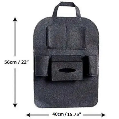 Size and dimensions of a dark grey felt car back seat organizer, showing it measures 56 centimeters or 22 inches in both height and width. The organizer includes various storage pockets, dual cup holders, and a central tissue box dispenser.