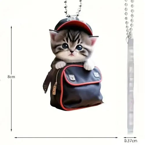 Dimensions and side profile of the flat acrylic kitten backpack car mirror charm, indicating a height of 8 centimeters and a slim thickness of 0.37 centimeters.
