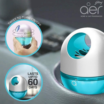 White and blue aier home & car fragrances device with features highlighted on a gray surface.