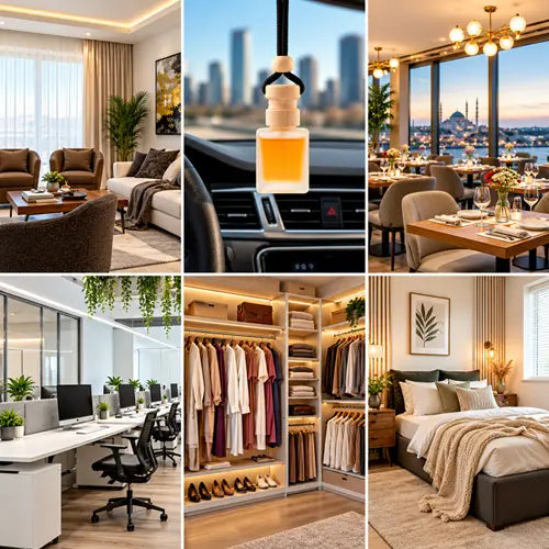 Collage demonstrating the versatile uses of a hanging glass oil diffuser, shown refreshing various spaces including a car interior, modern living room, restaurant, office desk, wardrobe closet, and cozy bedroom.