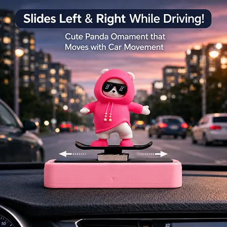 A kinetic sliding panda car dashboard toy wearing a pink hoodie and sunglasses. Graphic text overlay highlights how the cute car ornament slides left and right with the car's movement while driving.