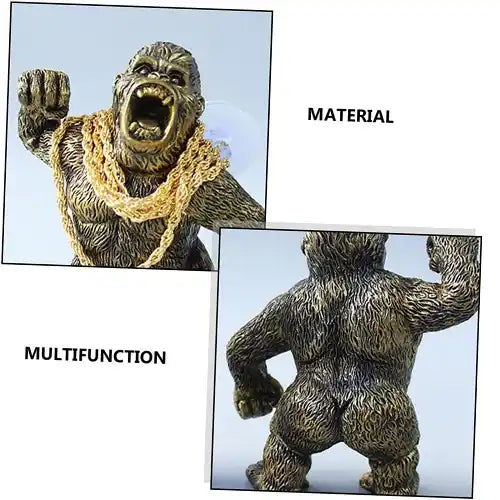 Close-up views highlighting the detailed textured material and multifunction design of the gold King Kong gorilla car dashboard ornament, showing both the roaring front face with a gold chain and the sculpted back.
