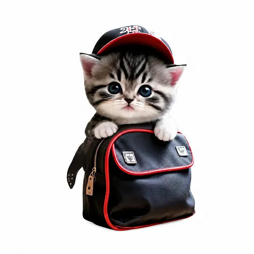 Front view of an adorable acrylic car rearview mirror charm featuring a realistic-looking kitten wearing a baseball cap sitting inside a black and red backpack.