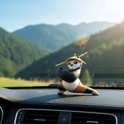 The Kung Fu Panda car dashboard accessory mounted securely on a vehicle's dashboard, featuring the martial arts character in a dynamic pose against a scenic mountain road background.