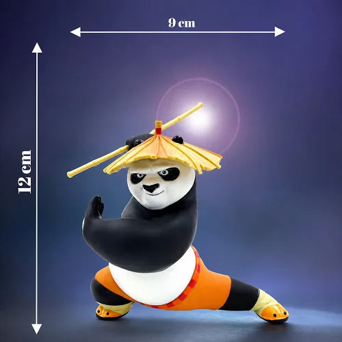 Dimensions of the Kung Fu Panda car dashboard bobblehead from Carokit, showing a height of 12 centimeters and a width of 9 centimeters, featuring the panda in a martial arts pose with a bamboo staff.