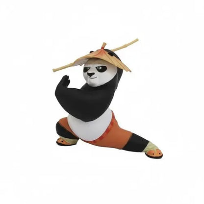 Angled view of the Kung Fu Panda collectible car interior showpiece, highlighting the vibrant orange pants, textured straw hat, and dynamic action pose.