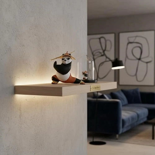 The versatile Kung Fu Panda collectible action figure displayed as modern home decor, sitting elegantly on an illuminated floating wooden shelf in a stylish living room setting.