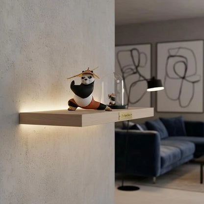 The versatile Kung Fu Panda collectible action figure displayed as modern home decor, sitting elegantly on an illuminated floating wooden shelf in a stylish living room setting.