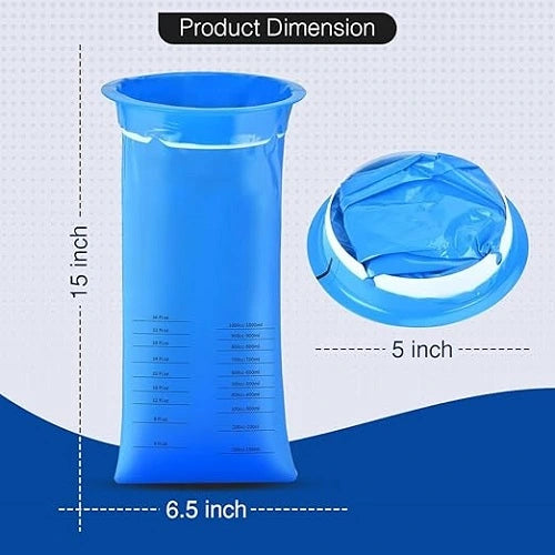 Product dimensions for the Lyrovo disposable vomit bag. The fully opened blue bag measures 15 inches tall and 6.5 inches wide at the base, providing a large capacity, while the compact folded top ring measures 5 inches across.