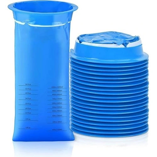 A pack of 10 Lyrovo disposable vomit bags for car travel, featuring one fully opened blue bag with visible volume measurement markings next to a compact, neat stack of folded replacement bags.