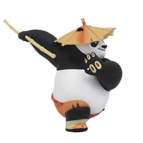 Side view of the martial arts panda car dashboard ornament balancing in a dynamic kicking pose, wearing a traditional straw hat and holding a bamboo staff.