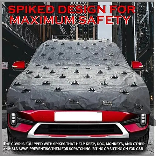 Maximum safety spiked car roof guard installed on a red SUV in an urban city setting, engineered to keep animals away and prevent expensive scratching or biting damage.