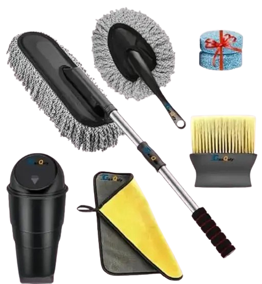 Set of car cleaning tools including a duster, brush, and other accessories on a white background.