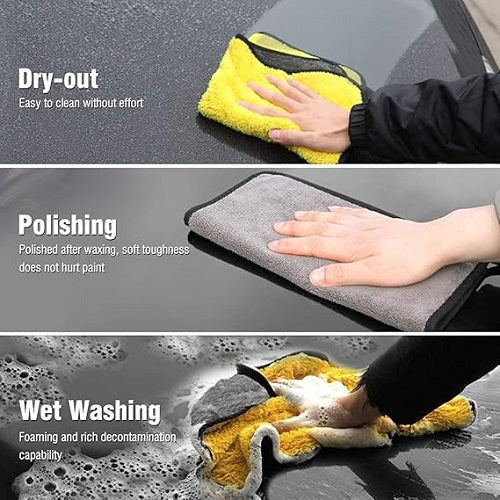 Three stages of car cleaning with microfiber cloths: dry-out, polishing, and wet washing.