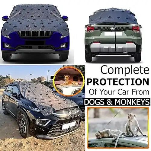 Collage illustrating complete exterior protection from monkeys and dogs, displaying front and rear views of the spiked car protector installed securely on an SUV.