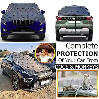 Collage illustrating complete exterior protection from monkeys and dogs, displaying front and rear views of the spiked car protector installed securely on an SUV.