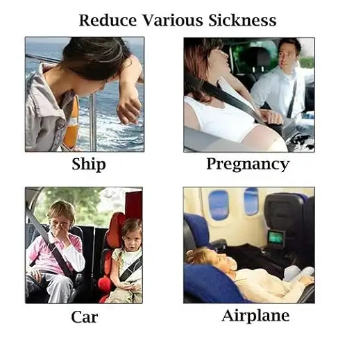 A four-panel collage titled "Reduce Various Sickness" demonstrating the versatile uses of the anti-nausea acupressure bands. It features scenes of a person experiencing sea sickness on a ship, a pregnant woman dealing with morning sickness in a vehicle, children experiencing car sickness in the backseat, and a passenger with air sickness resting on an airplane.