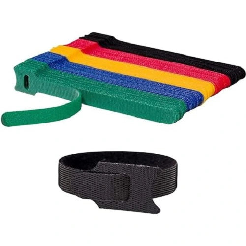 A neat stack of multi-color reusable hook and loop cable ties in green, blue, yellow, red, and black, along with a close-up showing how the fastening strap securely loops onto itself.