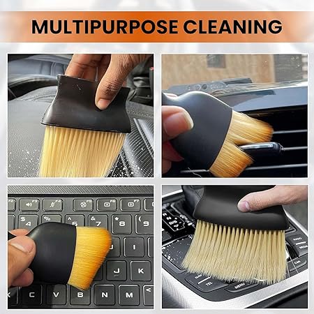 Multifunctional cleaning brush used on car interior, keyboard, and other surfaces with text 'Multipurpose Cleaning'.