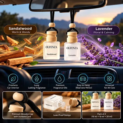 Infographic highlighting the features of Olfenza hanging car air fresheners in Sandalwood and Lavender scents, showcasing the leak-proof glass bottle, premium wooden cap, and benefits like long-lasting fragrance for car interiors.