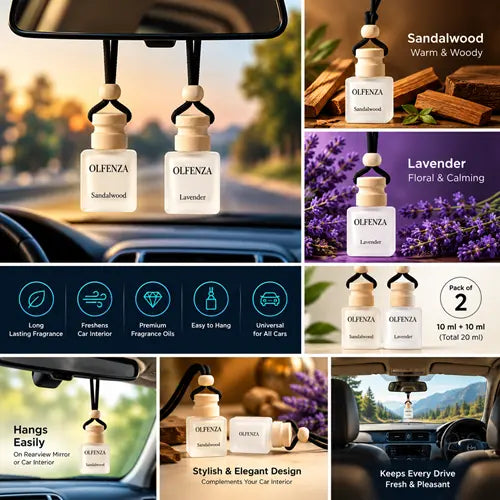 Collage displaying Olfenza premium hanging car perfumes in Sandalwood and Lavender, showing the elegant glass bottles hanging from a rearview mirror, surrounded by natural wood and floral ingredients.
