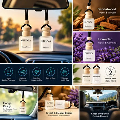 Collage displaying Olfenza premium hanging car perfumes in Sandalwood and Lavender, showing the elegant glass bottles hanging from a rearview mirror, surrounded by natural wood and floral ingredients.