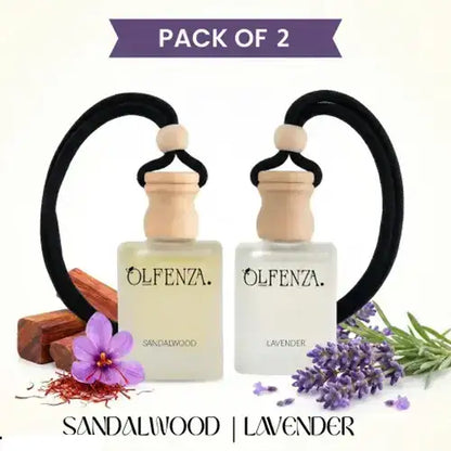 Pack of two Olfenza hanging car air fresheners featuring Sandalwood and Lavender fragrances, displayed alongside natural sandalwood sticks, saffron threads, and fresh lavender flowers.