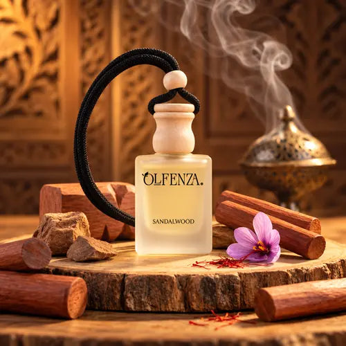 Olfenza Sandalwood car air freshener bottle placed on a natural wood slice, surrounded by sandalwood logs, a purple saffron flower, and atmospheric smoke from an antique incense burner.