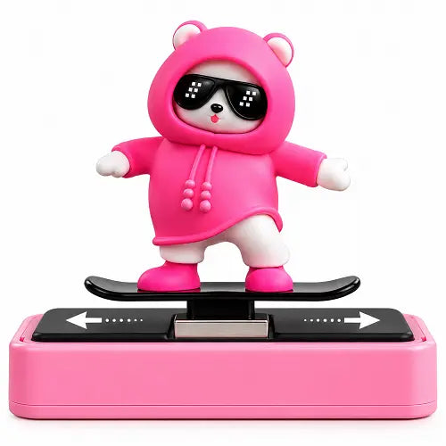 Cute 3D white bear wearing a bright pink hoodie and pixelated sunglasses, riding a black skateboard. The figure is mounted on a pink and black interactive sliding base, designed as a kawaii car dashboard ornament or desk accessory.