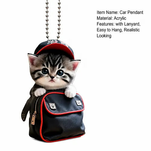 Product details of the realistic cat car pendant, highlighting its lightweight acrylic material and easy-to-hang bead chain lanyard, ideal for use as a rearview mirror hanging accessory.