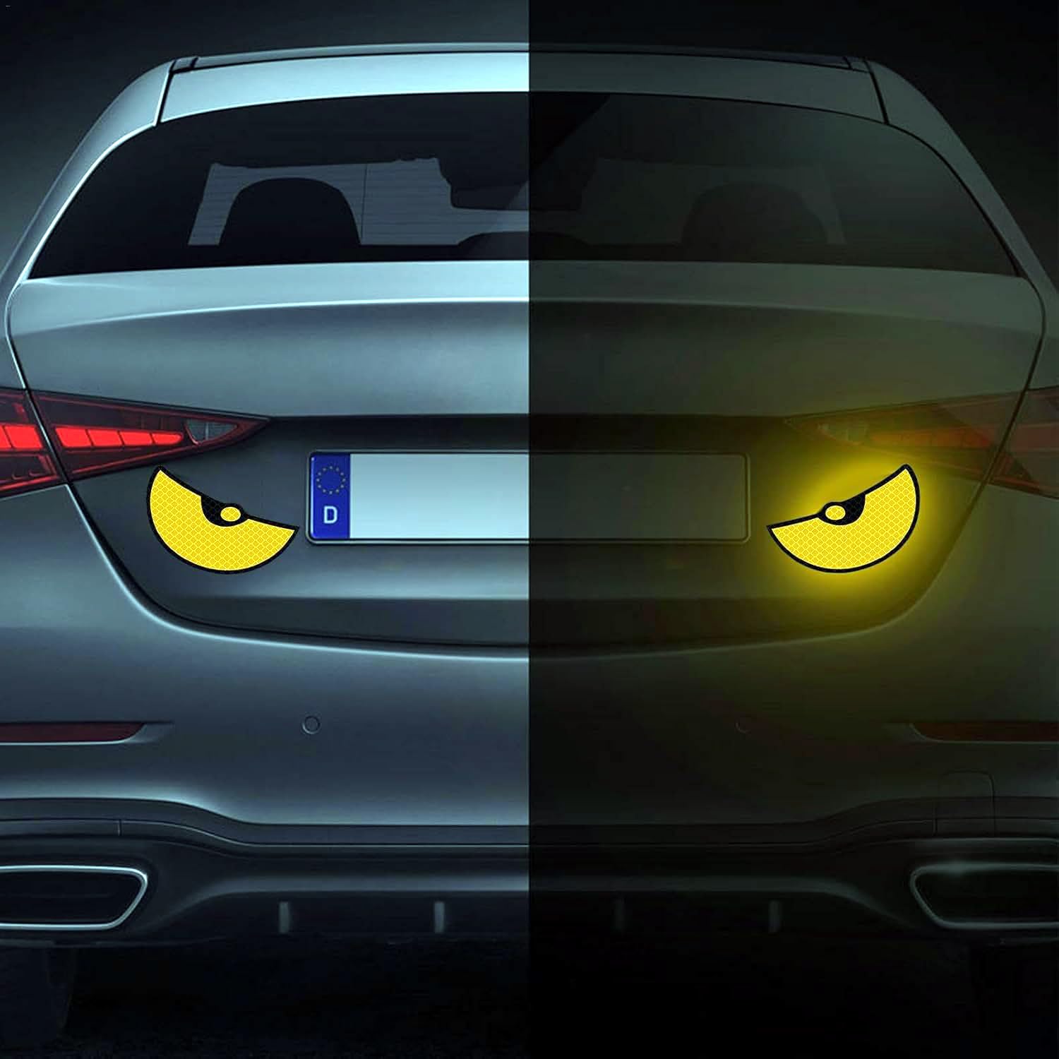 Car with yellow eye-shaped lights on the rear and front, showing different lighting conditions.