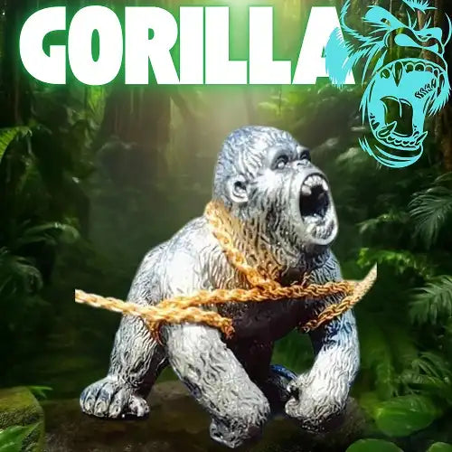 A silver chained gorilla action figure designed for car decor, positioned aggressively against a lush green jungle background with the word "GORILLA" in large white text.