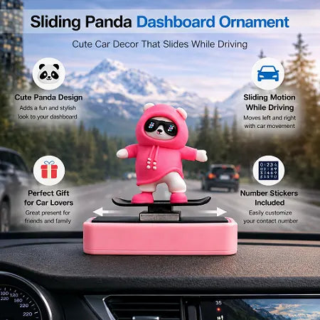 Infographic detailing the features of the sliding panda car dashboard ornament, highlighting its cute design, sliding motion while driving, included number stickers for the temporary parking card, and its appeal as a perfect gift for car lovers.