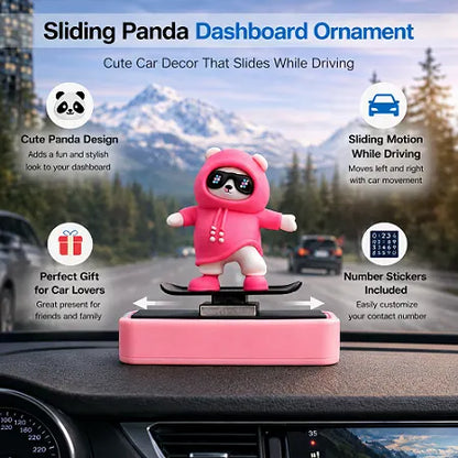 Infographic detailing the features of the sliding panda car dashboard ornament, highlighting its cute design, sliding motion while driving, included number stickers for the temporary parking card, and its appeal as a perfect gift for car lovers.