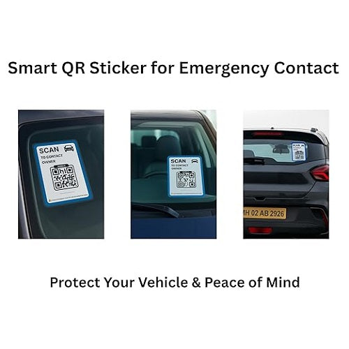 Smart QR sticker for emergency contact on a car's windshield and side window with text 'Protect Your Vehicle & Peace of Mind'.
