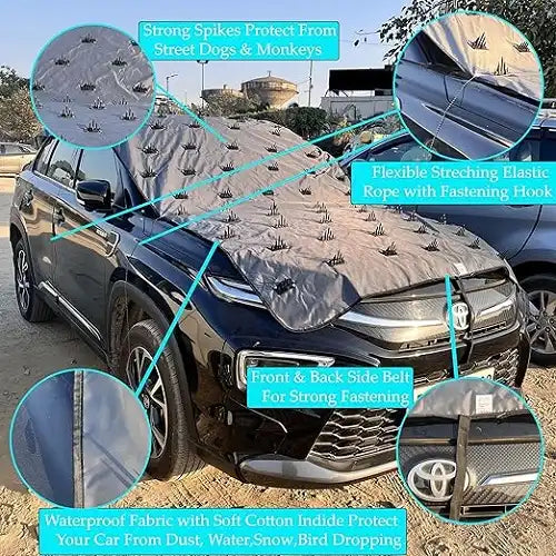 Detailed feature breakdown of the spiked car cover, highlighting its waterproof fabric with a soft cotton interior, strong protective spikes, flexible stretching elastic rope, and front and back belts for secure fastening.