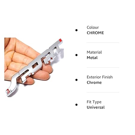 Chrome car emblem held in a hand with product details on a white background