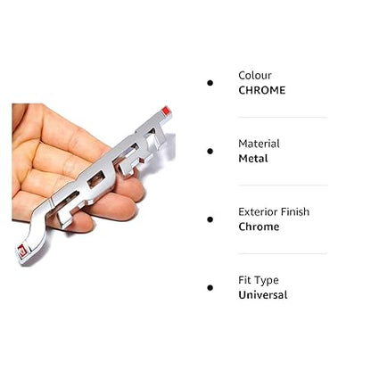 Chrome car emblem held in a hand with product details on a white background