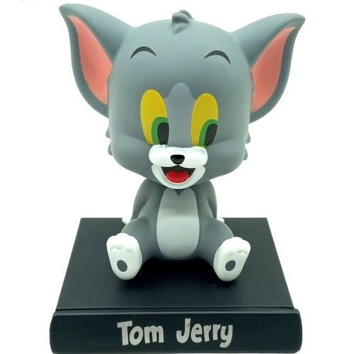 Front view of a cute Tom cat bobblehead figure sitting on a black base with "Tom Jerry" text, designed as a car dashboard ornament